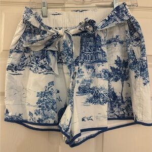 Umgee High Waist Blue and White Scenic Print Shorts
